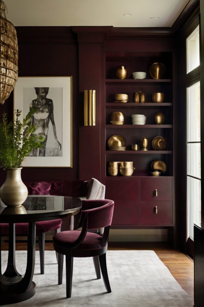 A dramatic and stylish dining room featuring built-in shelving finished in deep burgundy. These built-ins provide both functional storage and a bold design statement, reinforcing the room's moody, sophisticated aesthetic. The shelves display curated items like elegant dishware, wine bottles, and decorative objects, arranged with intention and balance. The rest of the room includes dark wood or neutral-toned furniture, soft ambient lighting, and complementary textures like velvet or brass. The overall atmosphere is refined, practical, and visually striking, blending elegance with everyday utility.