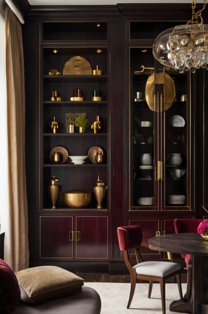 A dramatic and stylish dining room featuring built-in shelving finished in deep burgundy. These built-ins provide both functional storage and a bold design statement, reinforcing the room's moody, sophisticated aesthetic. The shelves display curated items like elegant dishware, wine bottles, and decorative objects, arranged with intention and balance. The rest of the room includes dark wood or neutral-toned furniture, soft ambient lighting, and complementary textures like velvet or brass. The overall atmosphere is refined, practical, and visually striking, blending elegance with everyday utility.