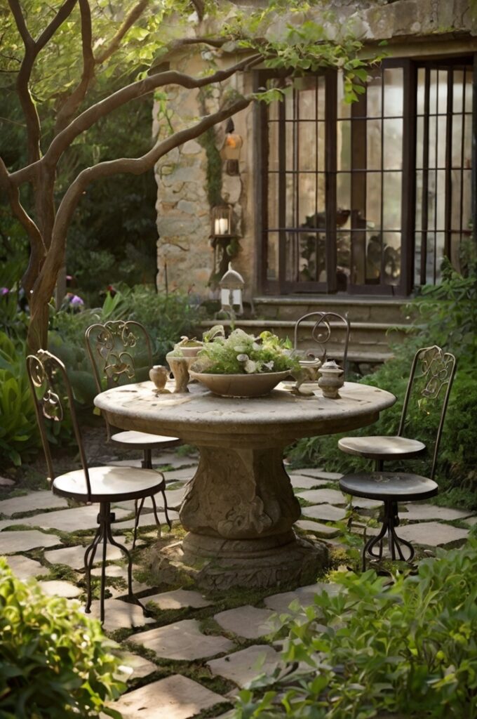 A fairytale garden filled with enchanting decorative elements that bring it to life. In the center, a classic stone birdbath with birds perched on its edge adds charm and motion. Scattered throughout the space are pieces of vintage garden furniture—ornate wrought iron chairs, a weathered wooden bench, and a small round metal table with intricate designs. The materials blend naturally into the garden: aged stone pathways, wooden trellises wrapped in vines, and metal lanterns hanging from branches. The scene feels timeless and magical, with textures that evoke nature and old-world elegance. Soft sunlight filters through tree leaves, casting gentle shadows across the garden’s rustic features.