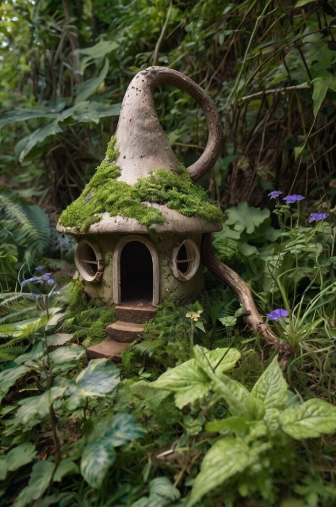 A hidden fairy house camouflaged within a lush, overgrown corner of a backyard filled with tall grass, creeping ivy, and wildflowers. The house is small and dome-shaped, built from a hollowed-out gourd with tiny stained-glass windows glowing softly from within. The structure is partially covered in moss and tucked behind a cluster of hosta leaves and ferns, making it feel like a well-kept secret. A spiral shell serves as the chimney, with twirling smoke drifting lazily into the humid summer air. Tiny ladders made of bark and twine lead to different levels, including a lookout perch nestled in a flower pot. Raindrops glisten on leaves above, suggesting a recent shower, and a rainbow peeks faintly in the sky. A curious robin watches from a nearby tree branch, while a trail of glowing blue mushrooms winds around the scene. The backyard fence is blurred in the background, giving the whole setting a dreamy, untouched-by-humans aura
