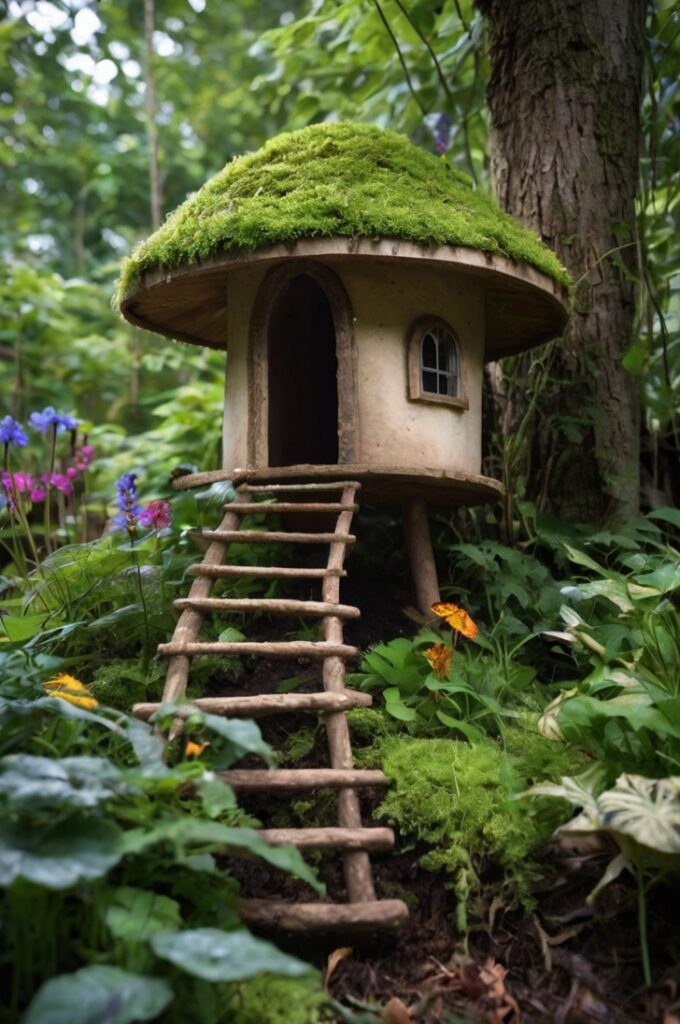 A hidden fairy house camouflaged within a lush, overgrown corner of a backyard filled with tall grass, creeping ivy, and wildflowers. The house is small and dome-shaped, built from a hollowed-out gourd with tiny stained-glass windows glowing softly from within. The structure is partially covered in moss and tucked behind a cluster of hosta leaves and ferns, making it feel like a well-kept secret. A spiral shell serves as the chimney, with twirling smoke drifting lazily into the humid summer air. Tiny ladders made of bark and twine lead to different levels, including a lookout perch nestled in a flower pot. Raindrops glisten on leaves above, suggesting a recent shower, and a rainbow peeks faintly in the sky. A curious robin watches from a nearby tree branch, while a trail of glowing blue mushrooms winds around the scene. The backyard fence is blurred in the background, giving the whole setting a dreamy, untouched-by-humans aura