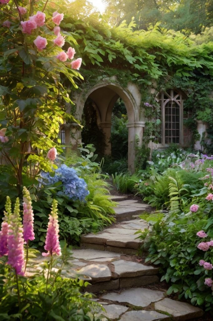 A lush, enchanting fairytale garden overflowing with dreamy, romantic plants. The garden features a rich mix of perennials and annuals in soft, magical colors—lavender, foxgloves, hydrangeas in pastel blues and pinks, and climbing roses cascading over trellises. The ground is softened with velvety moss and clusters of green ferns, giving the space a mystical woodland feel. Butterflies flutter among the blossoms, and small birds perch on branches or sip from shallow birdbaths, bringing the garden to life. The overall mood is serene and magical, with a soft natural light filtering through the trees, highlighting the textures and colors of the flourishing plants.