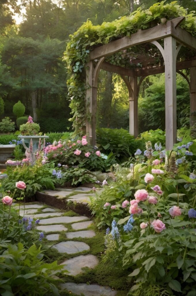 A lush, enchanting fairytale garden overflowing with dreamy, romantic plants. The garden features a rich mix of perennials and annuals in soft, magical colors—lavender, foxgloves, hydrangeas in pastel blues and pinks, and climbing roses cascading over trellises. The ground is softened with velvety moss and clusters of green ferns, giving the space a mystical woodland feel. Butterflies flutter among the blossoms, and small birds perch on branches or sip from shallow birdbaths, bringing the garden to life. The overall mood is serene and magical, with a soft natural light filtering through the trees, highlighting the textures and colors of the flourishing plants.