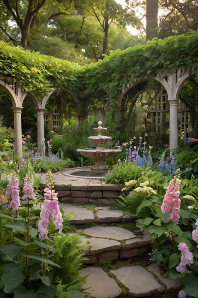 A lush, enchanting fairytale garden overflowing with dreamy, romantic plants. The garden features a rich mix of perennials and annuals in soft, magical colors—lavender, foxgloves, hydrangeas in pastel blues and pinks, and climbing roses cascading over trellises. The ground is softened with velvety moss and clusters of green ferns, giving the space a mystical woodland feel. Butterflies flutter among the blossoms, and small birds perch on branches or sip from shallow birdbaths, bringing the garden to life. The overall mood is serene and magical, with a soft natural light filtering through the trees, highlighting the textures and colors of the flourishing plants.