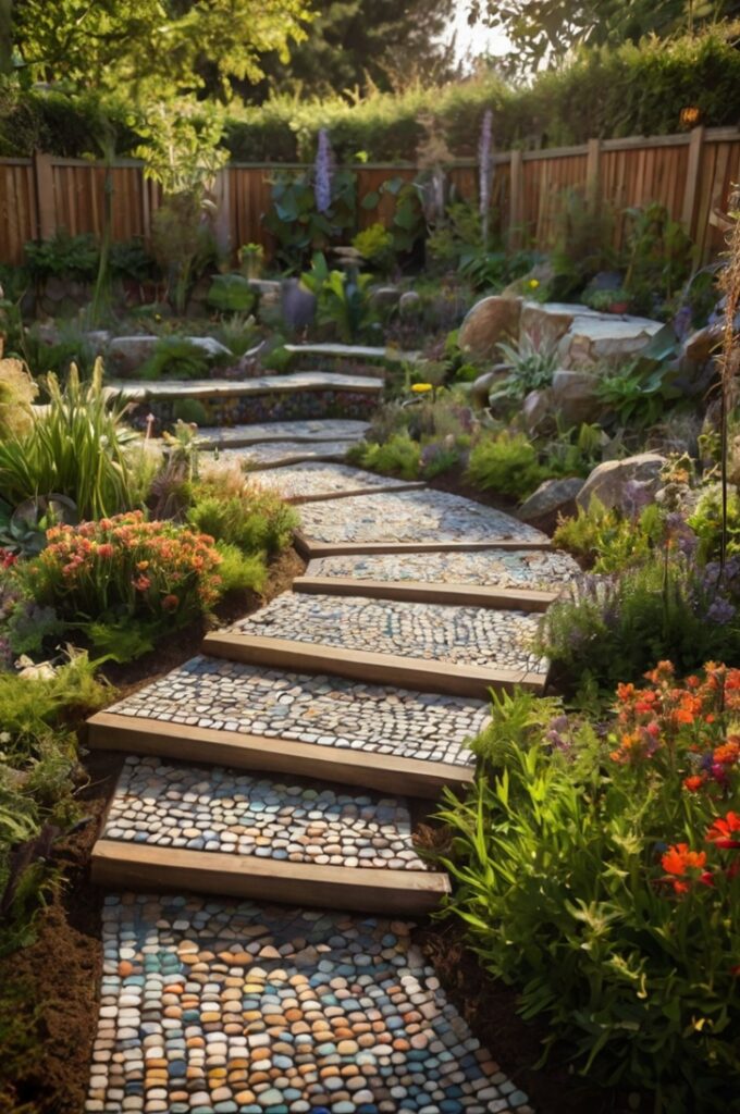 A magical fairytale garden alive with charming, handcrafted decorations. The scene features natural materials like rough stone, weathered wood, and aged metal woven seamlessly into the garden’s design. Handcrafted mosaic stepping stones, vibrant with colorful tiles and intricate patterns, wind through lush greenery and flowers. Rustic wooden benches and stone planters blend naturally with the environment, evoking a timeless, enchanted feel. Soft sunlight filters through the trees, highlighting the textures of the mosaics and natural materials, creating a cozy and personal garden sanctuary full of warmth and character.