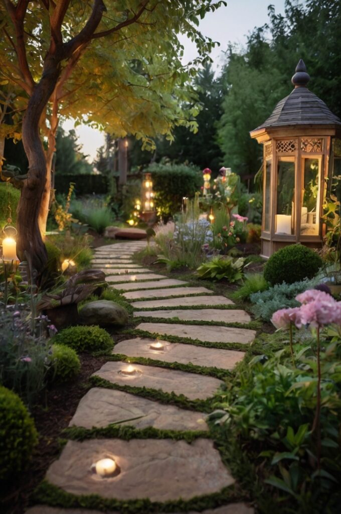 A magical fairytale-themed garden design brought to life, filled with enchanting details. Winding stone paths curve organically through lush greenery, leading to secret nooks and cozy hidden benches nestled among flowering plants. Decorative stepping stones, each uniquely patterned, guide the way through the garden. The atmosphere glows with fairy lights strung through the trees and vintage lanterns placed along the paths, casting a soft, warm light. The layout feels dreamy and immersive, with curved lines and natural flow, evoking the charm of a hand-drawn garden sketch turned real. The scene is whimsical, peaceful, and brimming with magical design elements.