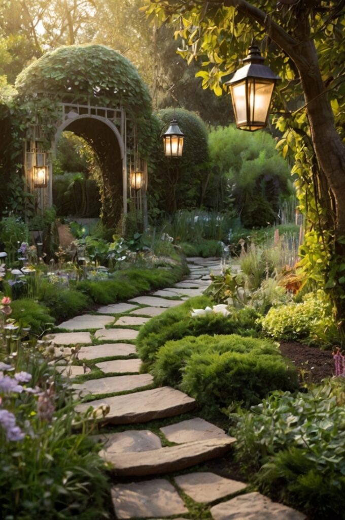 A magical fairytale-themed garden design brought to life, filled with enchanting details. Winding stone paths curve organically through lush greenery, leading to secret nooks and cozy hidden benches nestled among flowering plants. Elegant archways covered in vines and blossoms frame the walkways. Decorative stepping stones, each uniquely patterned, guide the way through the garden. The atmosphere glows with fairy lights strung through the trees and vintage lanterns placed along the paths, casting a soft, warm light. The layout feels dreamy and immersive, with curved lines and natural flow, evoking the charm of a hand-drawn garden sketch turned real. The scene is whimsical, peaceful, and brimming with magical design elements.