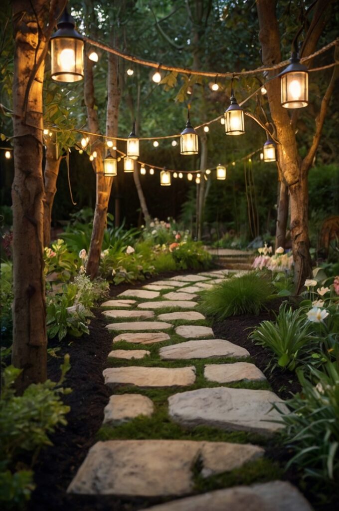 A magical fairytale-themed garden design brought to life, filled with enchanting details. Winding stone paths curve organically through lush greenery, leading to secret nooks and cozy hidden benches nestled among flowering plants. Decorative stepping stones, each uniquely patterned, guide the way through the garden. The atmosphere glows with fairy lights strung through the trees and vintage lanterns placed along the paths, casting a soft, warm light. The layout feels dreamy and immersive, with curved lines and natural flow, evoking the charm of a hand-drawn garden sketch turned real. The scene is whimsical, peaceful, and brimming with magical design elements.