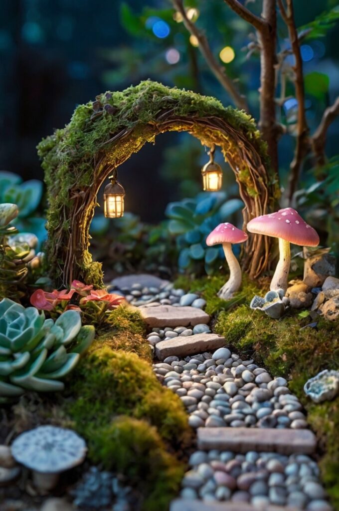 A magical miniature fairy garden illuminated at night, glowing softly with warm LED fairy lights woven through miniature trees and arched trellises. The garden is filled with lush green moss for ground cover, surrounded by clusters of tiny ferns, succulents like echeveria and haworthia, and miniature ivy trailing over tiny stones and structures. Sparkling glitter is lightly sprinkled across the moss and plants, mimicking the appearance of glowing fairy dust under the soft lights, adding a shimmering, ethereal effect.
At the center is a tiny fairy cottage with a moss-covered roof and glowing windows, surrounded by delicate red-and-white mushrooms and flowering plants in lavender, blush pink, and white. A stone path leads through the garden, passing whimsical touches like a miniature swing hanging from a tree, a small wooden bridge over a river of blue glass beads, and fairy figurines frozen mid-flight with trails of glitter behind them. The entire scene is bathed in a soft, dreamlike glow from the fairy lights, creating a peaceful, enchanted nighttime atmosphere.