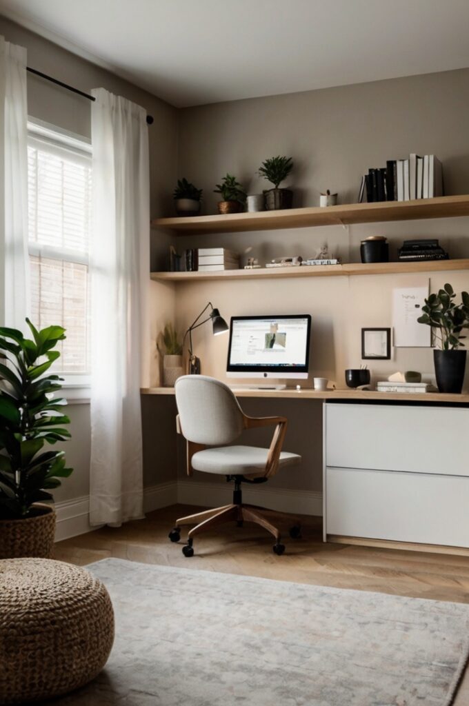 A minimalist, decluttered home office designed to support mental health, emotional balance, and focused productivity. The space is clean and organized, free of visual clutter, with sleek, modern furniture in calming neutral tones. Smart storage solutions such as floating shelves, discreet drawers, and tidy cable management keep everything in order. The desk is clear except for a few essential items—a laptop, and a notepad. Soft natural lighting enters through a nearby window, and the overall ambiance promotes clarity, calm, and reduced anxiety. Include cozy, supportive seating and a touch of warmth through wood or soft textures. Style: photorealistic, serene, minimalist, with a balanced and focused atmosphere.