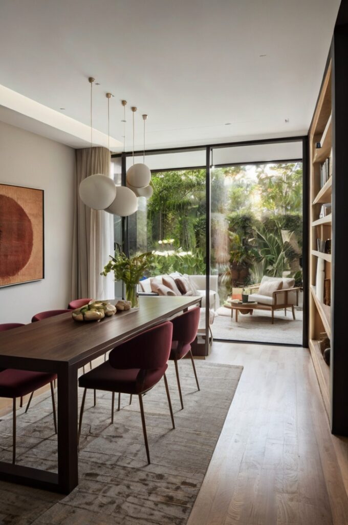 A minimalist dining room with clean lines, neutral tones, and subtle burgundy accents. The space features sleek, modern furniture—such as a simple dining table with streamlined chairs—and minimal decorative elements. Burgundy is used sparingly yet effectively through accent pieces like seat cushions, a centerpiece bowl, adding warmth and depth without cluttering the space. The room is bright and open, with natural light or soft ambient lighting enhancing the calm, sophisticated atmosphere. The overall design is balanced, refined, and effortlessly stylish.