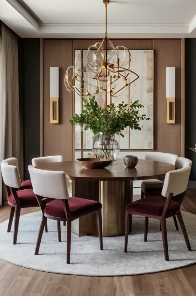 A minimalist dining room with clean lines, neutral tones, and subtle burgundy accents. The space features sleek, modern furniture—such as a simple dining table with streamlined chairs—and minimal decorative elements. Burgundy is used sparingly yet effectively through accent pieces like seat cushions, a centerpiece bowl, adding warmth and depth without cluttering the space. The room is bright and open, with natural light or soft ambient lighting enhancing the calm, sophisticated atmosphere. The overall design is balanced, refined, and effortlessly stylish.