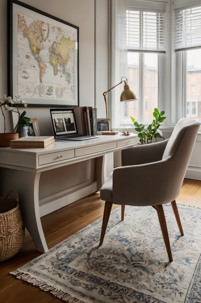 A minimalist home office setup in the corner of a small living room. The workspace features a sleek desk with a laptop, a modern chair, and a few essential accessories like a desk lamp and a small notebook. Positioned near a window, the area is filled with soft natural light, creating a bright and motivating atmosphere. The desk is subtly integrated into the living room without overwhelming the space, using neutral tones and clean lines. The background includes tasteful living room decor, such as a sofa, rug, and artwork, maintaining a balance between work and relaxation.