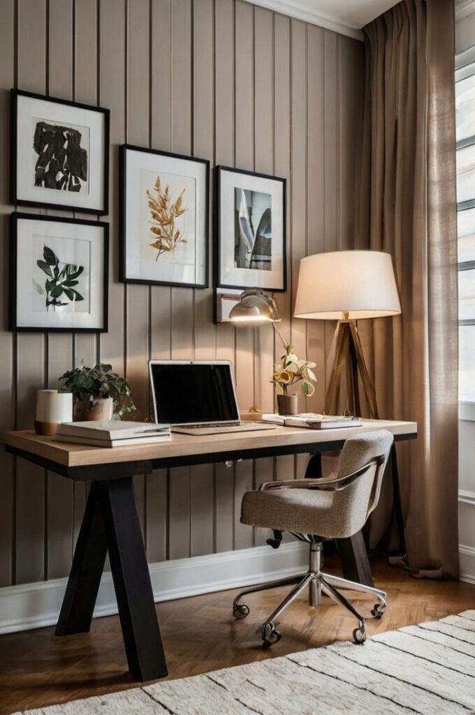 A minimalist home office setup in the corner of a small living room. The workspace features a sleek desk with a laptop, a modern chair, and a few essential accessories like a desk lamp and a small notebook. Positioned near a window, the area is filled with soft natural light, creating a bright and motivating atmosphere. The desk is subtly integrated into the living room without overwhelming the space, using neutral tones and clean lines. The background includes tasteful living room decor, such as a sofa, rug, and artwork, maintaining a balance between work and relaxation.
