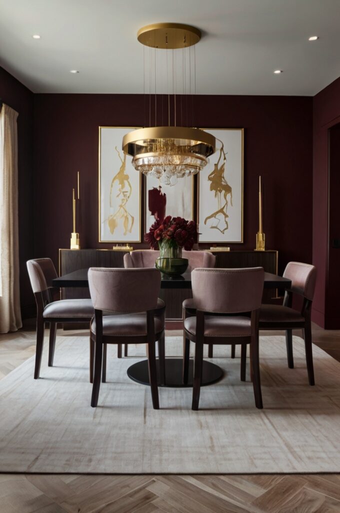 A modern dining room featuring walls painted in a matte burgundy finish. The lack of shine creates a soft, velvety texture that enhances the moody, sophisticated atmosphere of the space. The deep, rich burgundy color sets a warm and inviting tone without any glossy reflections. The room is styled with minimalist or contemporary dark wood furniture, plush upholstered chairs, and subtle metallic accents in matte gold or black. Soft, layered lighting—such as recessed lights and a statement chandelier—adds depth and coziness to the modern, elegant setting