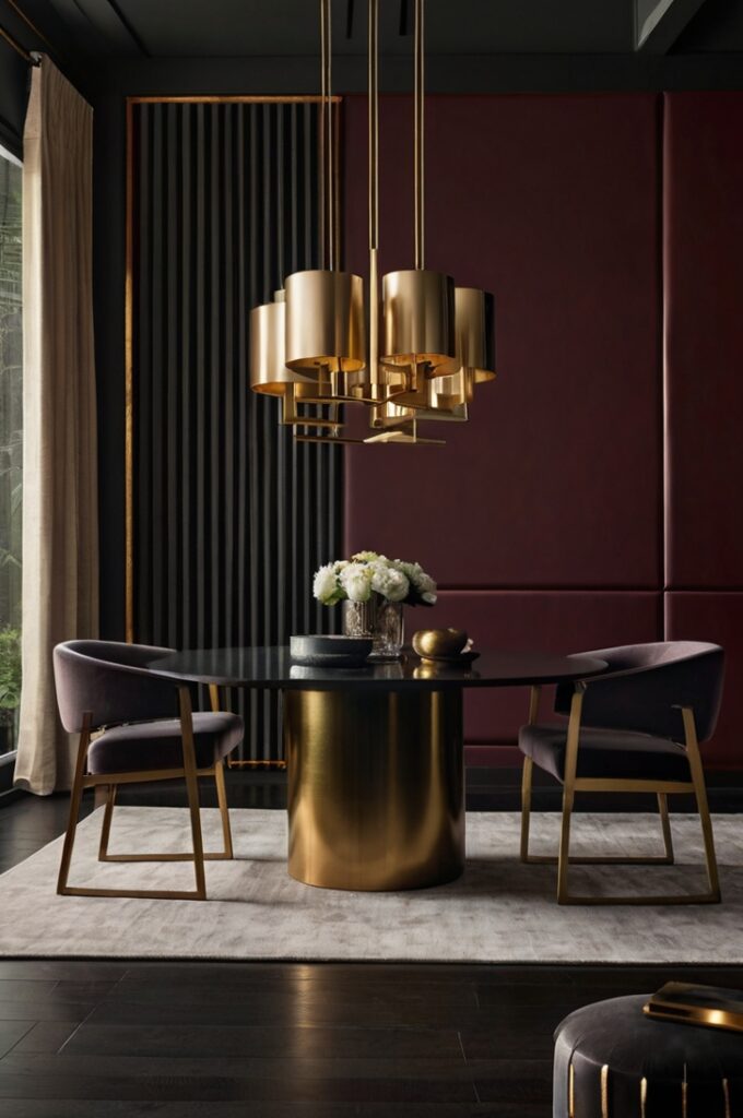 A modern dining room featuring walls painted in a matte burgundy finish. The lack of shine creates a soft, velvety texture that enhances the moody, sophisticated atmosphere of the space. The deep, rich burgundy color sets a warm and inviting tone without any glossy reflections. The room is styled with minimalist or contemporary dark wood furniture, plush upholstered chairs, and subtle metallic accents in matte gold or black. Soft, layered lighting—such as recessed lights and a statement chandelier—adds depth and coziness to the modern, elegant setting
