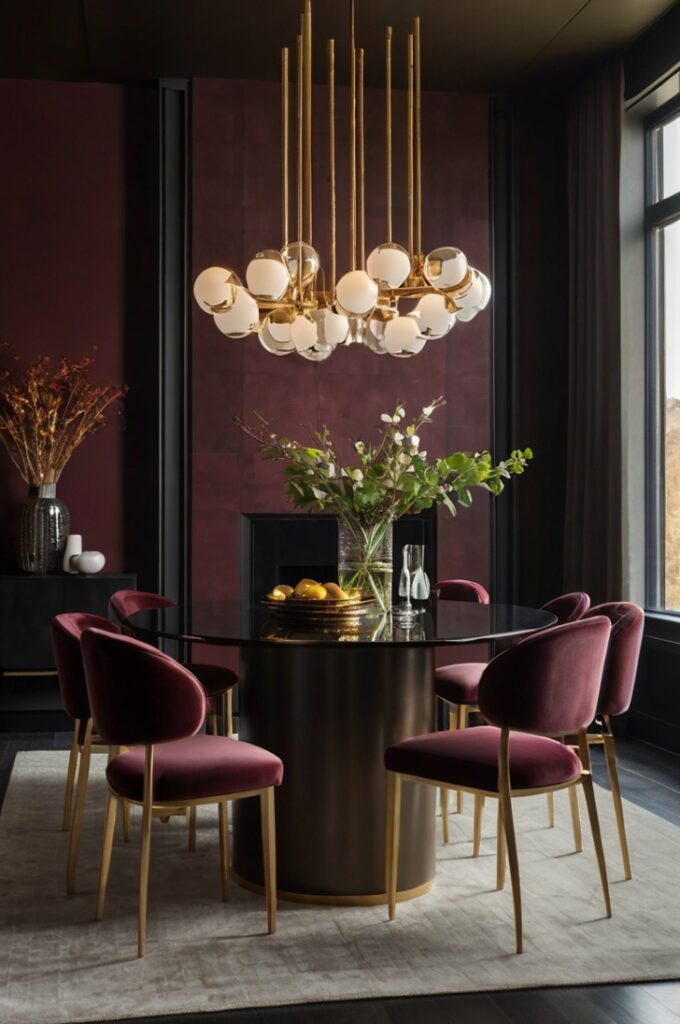 A modern dining room featuring walls painted in a matte burgundy finish. The lack of shine creates a soft, velvety texture that enhances the moody, sophisticated atmosphere of the space. The deep, rich burgundy color sets a warm and inviting tone without any glossy reflections. The room is styled with minimalist or contemporary dark wood furniture, plush upholstered chairs, and subtle metallic accents in matte gold or black. Soft, layered lighting—such as recessed lights and a statement chandelier—adds depth and coziness to the modern, elegant setting