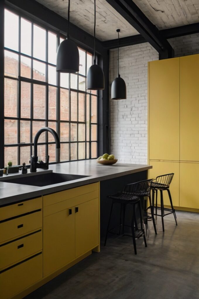 A modern industrial-style kitchen with smooth light yellow walls painted in a warm, buttery shade. The space features matte black metal pendant lights hanging above a central kitchen island with a solid white quartz countertop. The cabinetry is flat-front and painted in matte charcoal black, with sleek black handles. The backsplash consists of white rectangular tiles with thin black grout lines. A black gooseneck faucet sits above a white farmhouse sink, and the window frames are painted black to match the hardware and lighting. Open black steel shelves hold neatly arranged neutral-toned dishware and small potted herbs. The floor is made of polished concrete in a soft gray tone. Natural light pours in through large windows, casting clean shadows that emphasize the contrast between the soft yellow walls and the black elements. Interior photography, high-resolution, 4K, clean and bold modern industrial aesthetic.