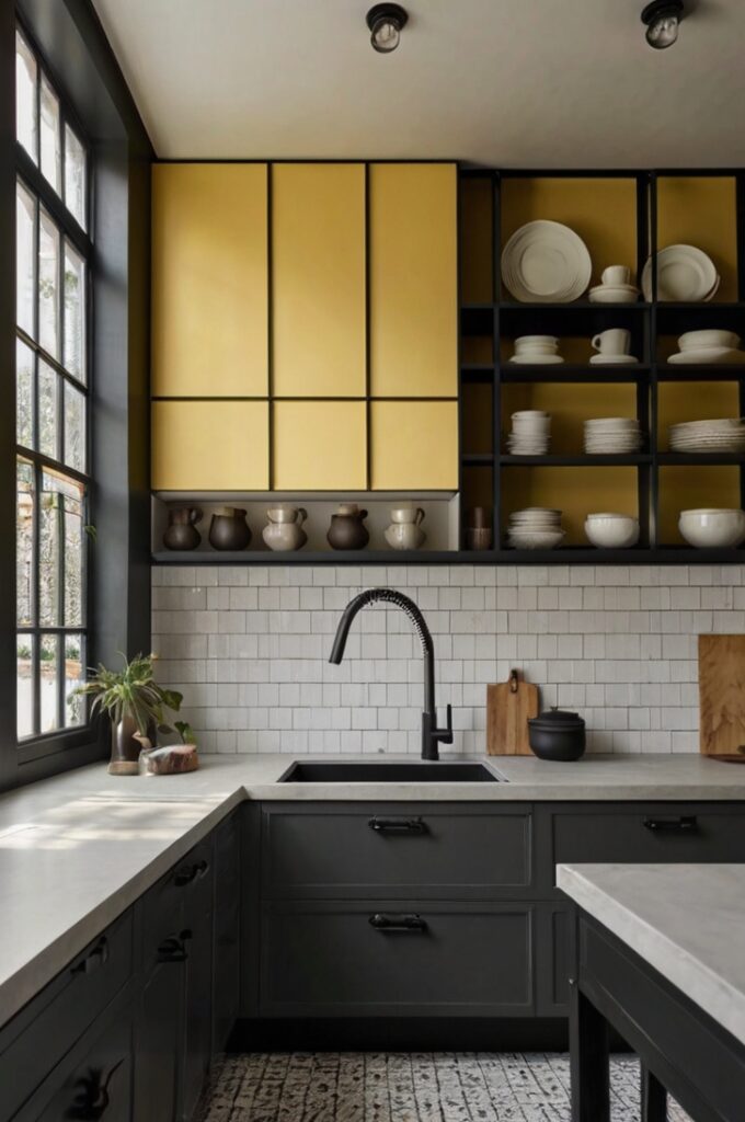 A modern industrial-style kitchen with smooth light yellow walls painted in a warm, buttery shade. The space features matte black metal pendant lights hanging above a central kitchen island with a solid white quartz countertop. The cabinetry is flat-front and painted in matte charcoal black, with sleek black handles. The backsplash consists of white rectangular tiles with thin black grout lines. A black gooseneck faucet sits above a white farmhouse sink, and the window frames are painted black to match the hardware and lighting. Open black steel shelves hold neatly arranged neutral-toned dishware and small potted herbs. The floor is made of polished concrete in a soft gray tone. Natural light pours in through large windows, casting clean shadows that emphasize the contrast between the soft yellow walls and the black elements. Interior photography, high-resolution, 4K, clean and bold modern industrial aesthetic.