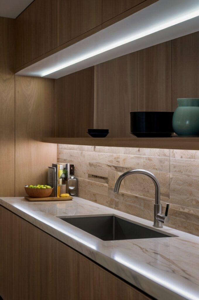 A modern kitchen interior with a focus on task lighting. Under-cabinet LED strip lights softly illuminate the countertop workspace below, creating a bright, focused, and functional lighting layer without harsh glare. The scene should showcase clean lines, minimalistic decor, and a warm, inviting atmosphere. Emphasize the directional light casting downward onto the counters, clearly highlighting the work area beneath the cabinets. Subtle ambient lighting in the background complements the task lighting, enhancing depth and clarity.