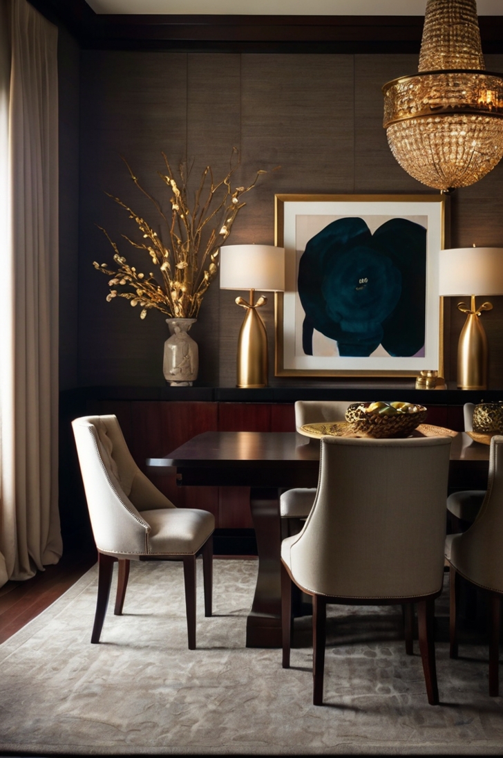 A moody, elegant dining room featuring rich dark wood furniture, including a mahogany dining table and matching sideboard. The deep tones of the wood add a sense of depth and sophistication, perfectly complementing a burgundy color scheme in the space—such as an accent wall or upholstered elements. The room is softly lit with warm lighting from wall sconces, enhancing the cozy, refined atmosphere. Subtle metallic or glass decor, a textured rug, and tasteful table settings complete the upscale, intimate vibe.