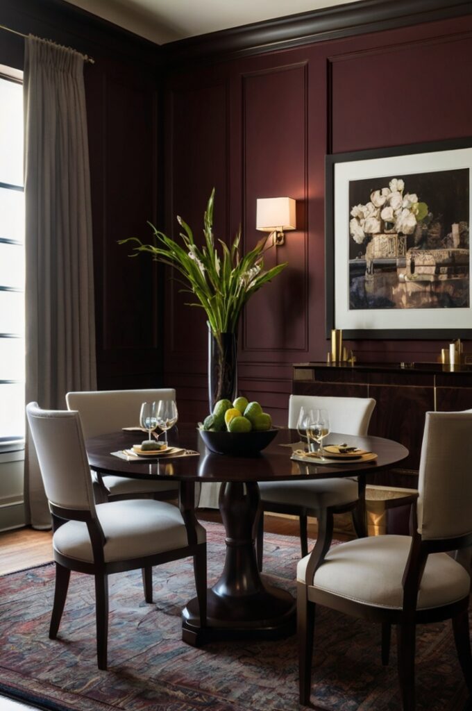A moody, elegant dining room featuring rich dark wood furniture, including a mahogany dining table and matching sideboard. The deep tones of the wood add a sense of depth and sophistication, perfectly complementing a burgundy color scheme in the space—such as an accent wall or upholstered elements. The room is softly lit with warm lighting from wall sconces, enhancing the cozy, refined atmosphere. Subtle metallic or glass decor, a textured rug, and tasteful table settings complete the upscale, intimate vibe.