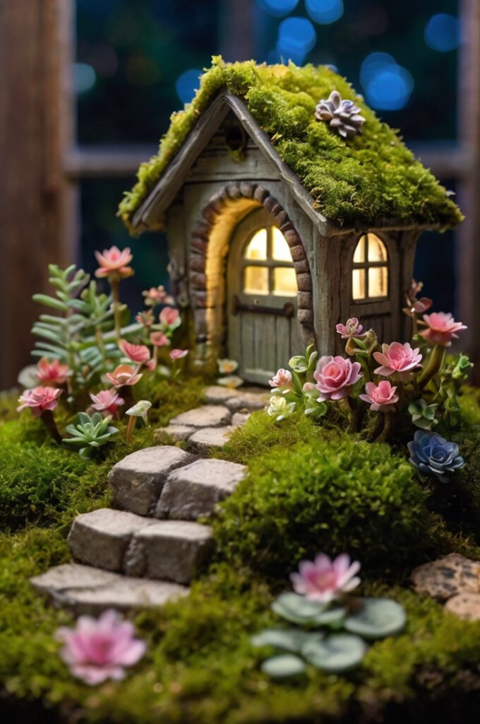 A magical miniature fairy garden illuminated at night, glowing softly with warm LED fairy lights woven through miniature trees and arched trellises. The garden is filled with lush green moss for ground cover, surrounded by clusters of tiny ferns, succulents like echeveria and haworthia, and miniature ivy trailing over tiny stones and structures. Sparkling glitter is lightly sprinkled across the moss and plants, mimicking the appearance of glowing fairy dust under the soft lights, adding a shimmering, ethereal effect.
At the center is a tiny fairy cottage with a moss-covered roof and glowing windows, surrounded by delicate red-and-white mushrooms and flowering plants in lavender, blush pink, and white. A stone path leads through the garden, passing whimsical touches like a miniature swing hanging from a tree, a small wooden bridge over a river of blue glass beads, and fairy figurines frozen mid-flight with trails of glitter behind them. The entire scene is bathed in a soft, dreamlike glow from the fairy lights, creating a peaceful, enchanted nighttime atmosphere.