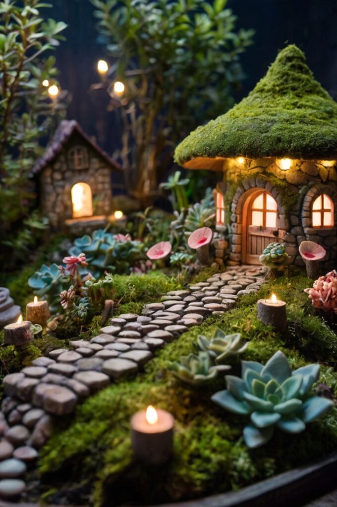 A magical miniature fairy garden illuminated at night, glowing softly with warm LED fairy lights woven through miniature trees and arched trellises. The garden is filled with lush green moss for ground cover, surrounded by clusters of tiny ferns, succulents like echeveria and haworthia, and miniature ivy trailing over tiny stones and structures. Sparkling glitter is lightly sprinkled across the moss and plants, mimicking the appearance of glowing fairy dust under the soft lights, adding a shimmering, ethereal effect.
At the center is a tiny fairy cottage with a moss-covered roof and glowing windows, surrounded by delicate red-and-white mushrooms and flowering plants in lavender, blush pink, and white. A stone path leads through the garden, passing whimsical touches like a miniature swing hanging from a tree, a small wooden bridge over a river of blue glass beads, and fairy figurines frozen mid-flight with trails of glitter behind them. The entire scene is bathed in a soft, dreamlike glow from the fairy lights, creating a peaceful, enchanted nighttime atmosphere.
