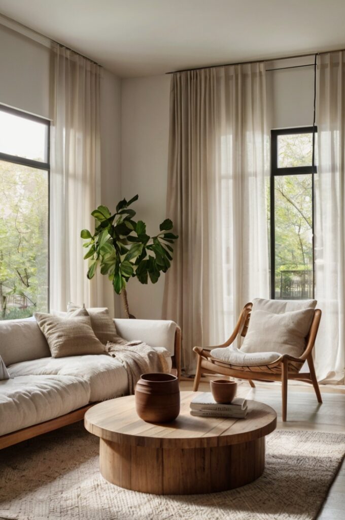 A photorealistic, peaceful, minimal, bright, airy living room designed to support natural light. The room is bathed in warm, abundant sunlight streaming through large, unobstructed windows. Sheer, white curtains gently diffuse the light without blocking it. The layout is open and uncluttered, with furniture thoughtfully arranged to allow sunlight to flow freely through the space. Include light-colored walls, breathable materials like cotton or linen, and subtle natural textures such as wood.