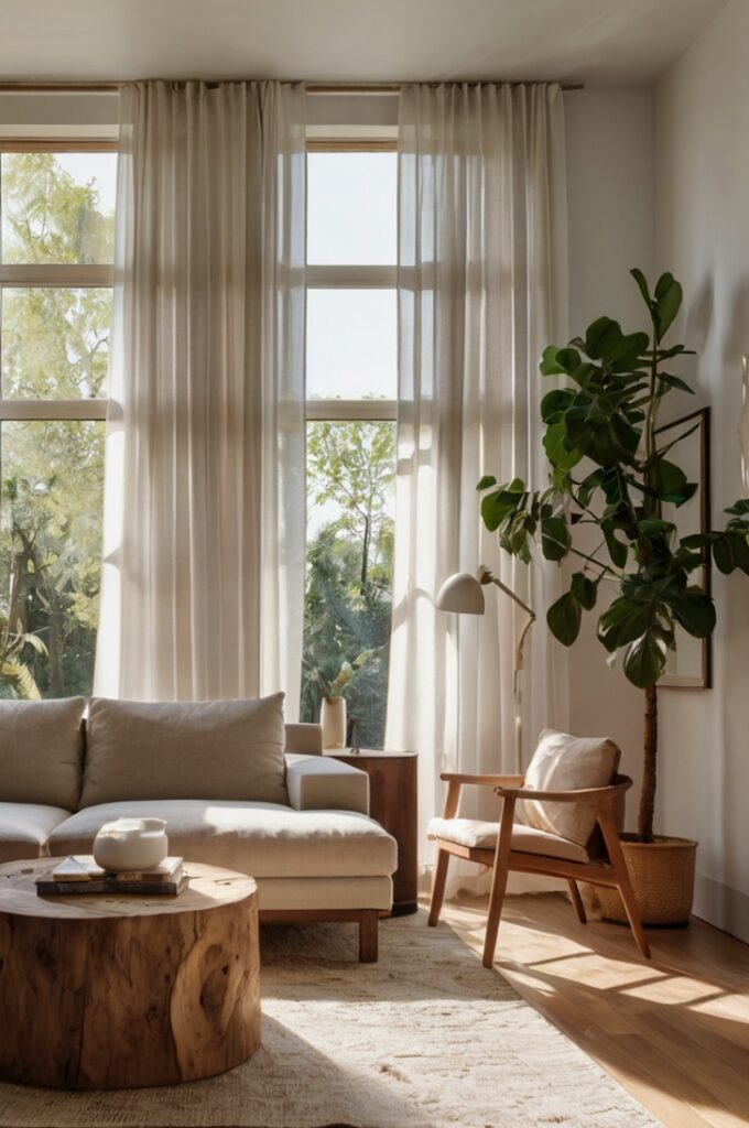 A photorealistic, peaceful, minimal, bright, airy living room designed to support natural light. The room is bathed in warm, abundant sunlight streaming through large, unobstructed windows. Sheer, white curtains gently diffuse the light without blocking it. The layout is open and uncluttered, with furniture thoughtfully arranged to allow sunlight to flow freely through the space. Include light-colored walls, breathable materials like cotton or linen, and subtle natural textures such as wood.