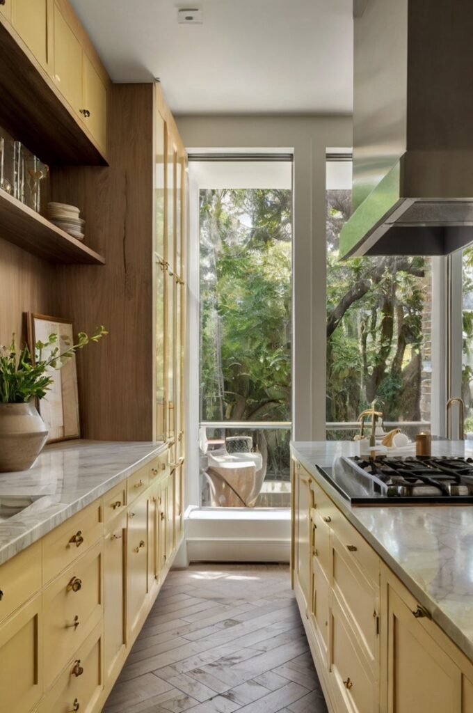 A refined and elegant kitchen with full-height pale yellow cabinetry in a soft, creamy tone. The cabinets have inset panel doors with classic molding and are fitted with polished unlacquered brass knobs and pulls. The countertops are luxurious white marble with dramatic gray veining, featuring a thick, straight edge profile. The marble continues up the wall as a full-height backsplash, creating a seamless and opulent backdrop. A central kitchen island, also painted in pale yellow, matches the cabinetry and is topped with the same slab of marble. Above the island, two globe-shaped glass pendant lights with brass hardware hang from a white coffered ceiling. The floor is made of wide-plank light oak hardwood, arranged in a straight pattern. A large white-framed window behind the sink lets in diffused natural light, illuminating a brass bridge faucet, white ceramic sink, and a small potted rosemary plant. A pair of tall glass-front cabinets flank the window, displaying stacked white porcelain dishware. Interior photography, high-resolution, 4K, timeless classic kitchen design with soft colors and luxurious natural materials.