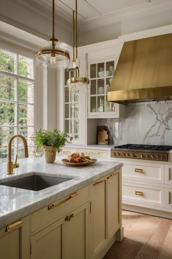 A refined and elegant kitchen with full-height pale yellow cabinetry in a soft, creamy tone. The cabinets have inset panel doors with classic molding and are fitted with polished unlacquered brass knobs and pulls. The countertops are luxurious white marble with dramatic gray veining, featuring a thick, straight edge profile. The marble continues up the wall as a full-height backsplash, creating a seamless and opulent backdrop. A central kitchen island, also painted in pale yellow, matches the cabinetry and is topped with the same slab of marble. Above the island, two globe-shaped glass pendant lights with brass hardware hang from a white coffered ceiling. The floor is made of wide-plank light oak hardwood, arranged in a straight pattern. A large white-framed window behind the sink lets in diffused natural light, illuminating a brass bridge faucet, white ceramic sink, and a small potted rosemary plant. A pair of tall glass-front cabinets flank the window, displaying stacked white porcelain dishware. Interior photography, high-resolution, 4K, timeless classic kitchen design with soft colors and luxurious natural materials.