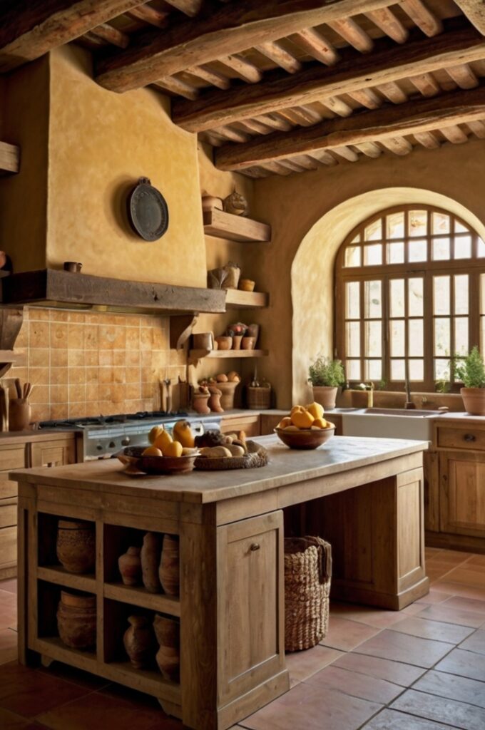 A rustic Tuscan-inspired kitchen with a soft yellow terracotta tile backsplash, featuring handcrafted square tiles in a matte finish with slight variations in tone and texture. The backsplash stretches from the countertop to the bottom of the upper cabinets, creating a warm, earthy focal point. The cabinetry is made of natural, weathered wood with visible grain and iron handles. The countertops are thick-cut, cream-colored limestone with softly rounded edges. An arched niche above the range is lined with the same yellow terracotta tiles and holds small copper pots and dried herbs. The floor is made of wide, reclaimed wood planks in a warm chestnut hue. A wrought iron chandelier with candle-style bulbs hangs from exposed ceiling beams, which are made of aged wood. A large farmhouse table sits in the center of the room with a terracotta bowl filled with lemons. Sunlight pours in through a tall arched window with wooden shutters, casting golden light on the warm textures. Interior photography, high-resolution, 4K, rich Tuscan country style with organic textures and sunlit warmth.