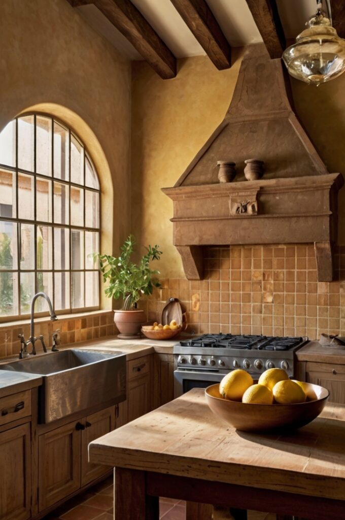 A rustic Tuscan-inspired kitchen with a soft yellow terracotta tile backsplash, featuring handcrafted square tiles in a matte finish with slight variations in tone and texture. The backsplash stretches from the countertop to the bottom of the upper cabinets, creating a warm, earthy focal point. The cabinetry is made of natural, weathered wood with visible grain and iron handles. The countertops are thick-cut, cream-colored limestone with softly rounded edges. An arched niche above the range is lined with the same yellow terracotta tiles and holds small copper pots and dried herbs. The floor is made of wide, reclaimed wood planks in a warm chestnut hue. A wrought iron chandelier with candle-style bulbs hangs from exposed ceiling beams, which are made of aged wood. A large farmhouse table sits in the center of the room with a terracotta bowl filled with lemons. Sunlight pours in through a tall arched window with wooden shutters, casting golden light on the warm textures. Interior photography, high-resolution, 4K, rich Tuscan country style with organic textures and sunlit warmth.