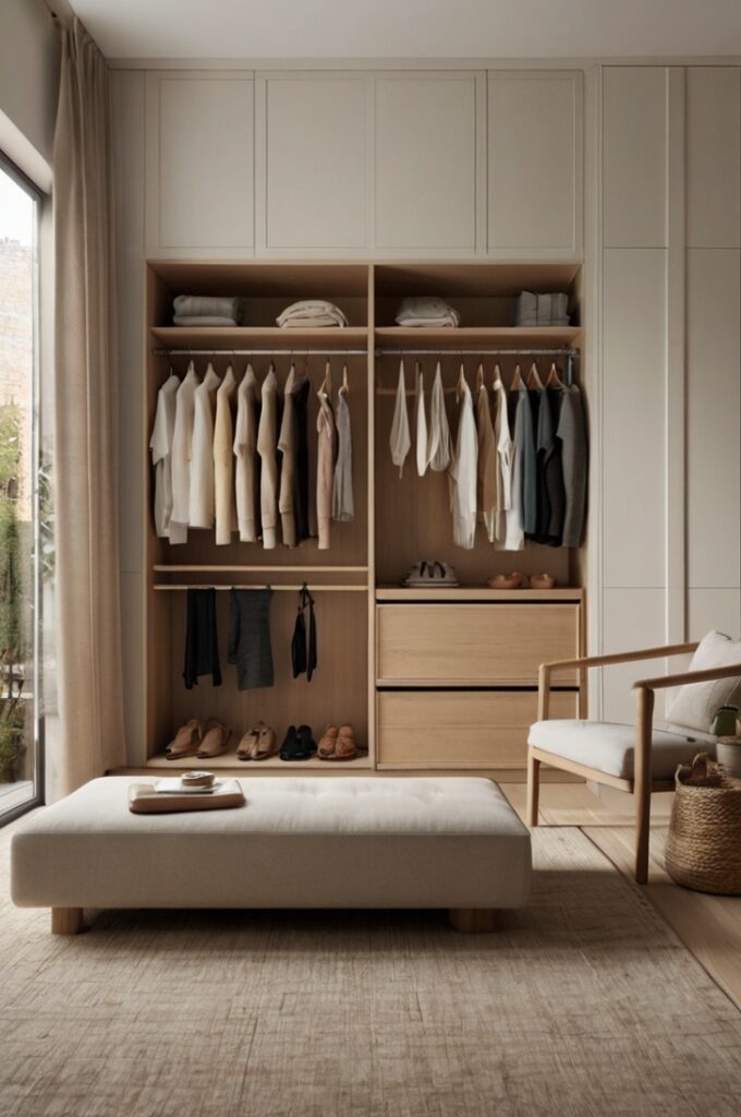 A serene, minimalist closet room designed with mental wellness and emotional balance in mind. The space is neat, well-organized, and free of clutter, featuring smart storage solutions like built-in shelving, bins, streamlined drawers, and a clean hanging system for clothing. The color palette is soft and neutral—beiges, whites, and light woods—to promote a sense of calm and clarity. The floor is clear except for a plush rug to add warmth. A small bench or stool offers a peaceful place to sit, and the overall ambiance supports relaxation, mental clarity, and a sense of order. Style: photorealistic, modern minimalist, wellness-focused, cozy yet structured.