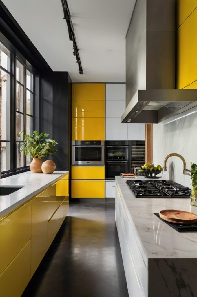A sleek, futuristic modern kitchen featuring high-gloss soft yellow lacquer cabinets with flat, handleless fronts that reflect light for a clean, streamlined appearance. The upper and lower cabinets are perfectly aligned, creating a seamless wall of glossy yellow. The countertops are solid white quartz with sharp edges, and the backsplash is made of back-painted white glass panels. A built-in stainless steel oven and induction cooktop are integrated into the cabinetry, while a stainless steel range hood with a minimal angular design is mounted above the cooktop. The kitchen island has the same glossy yellow lacquer finish and includes a flush-mounted stainless steel sink with a square black faucet. The floor is made of large-format polished concrete tiles in a medium gray tone. Recessed LED lighting runs along the ceiling and under the upper cabinets, casting a soft, even glow. A tall window with black aluminum framing lets in natural daylight, enhancing the vibrant yet controlled color palette. Interior photography, high-resolution, 4K, ultra-modern and polished aesthetic with precise geometry and minimal decor.