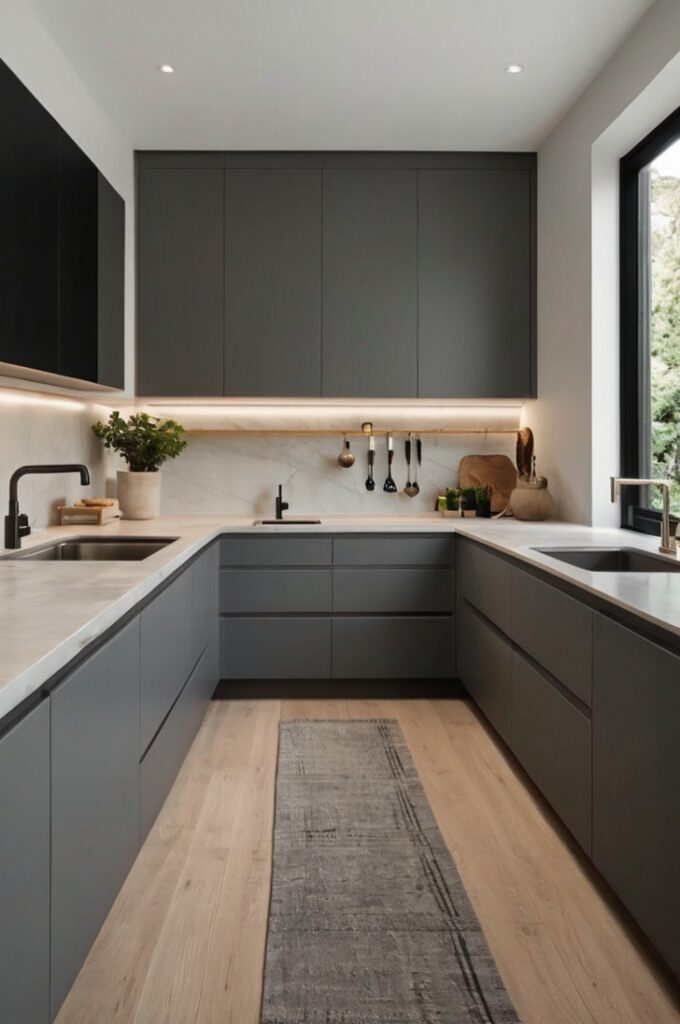 A small, minimalist kitchen designed to promote mental health and emotional balance through thoughtful decluttering and smart organization. The space is clean and serene, with clear countertops, integrated storage, and hidden compartments that keep everyday items out of sight. Cabinets are sleek and handleless, in calming neutral tones like whiteand soft gray. The layout is simple and efficient, reducing visual noise and promoting ease of movement. Soft natural lighting flows in through a small window, adding warmth and clarity. Style: photorealistic, modern minimalist, wellness-focused, cozy yet uncluttered, ideal for relaxation and mindful living.