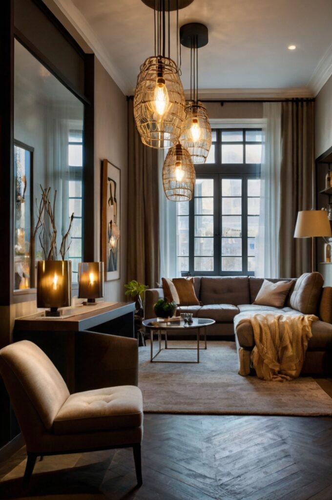 A stylish and eclectic interior space that showcases a mix of lighting fixtures for perfect ambience. A modern pendant light hangs overhead, complemented by sleek wall sconces on either side of a feature wall. The varied styles blend harmoniously to create a warm, inviting atmosphere with layered lighting. The room feels lived-in and full of personality, with cozy furniture, textured accents, and thoughtful decor that enhances the visual interest created by the mixed lighting sources.