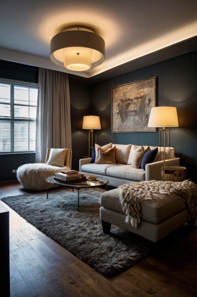 A stylish and eclectic interior space that showcases a mix of lighting fixtures for perfect ambience. Sleek wall sconces on either side of a feature wall, and a contemporary floor lamp in another far corner. The varied styles blend harmoniously to create a warm, inviting atmosphere with layered lighting. The room feels lived-in and full of personality, with cozy furniture, textured accents, and thoughtful decor that enhances the visual interest created by the mixed lighting sources.