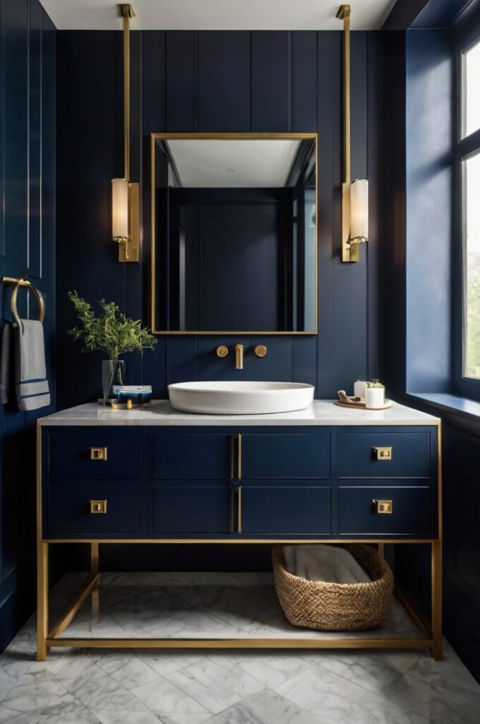 A stylish bathroom featuring a navy blue vanity with sleek brass hardware. The vanity has clean lines and a polished, refined appearance. The brushed brass fixtures gleam warmly against the deep navy blue, creating a sophisticated, timeless atmosphere that blends classic and modern design elements. Soft, natural lighting highlights the contrast between the rich blue and warm brass, with a minimalistic and elegant bathroom setting.