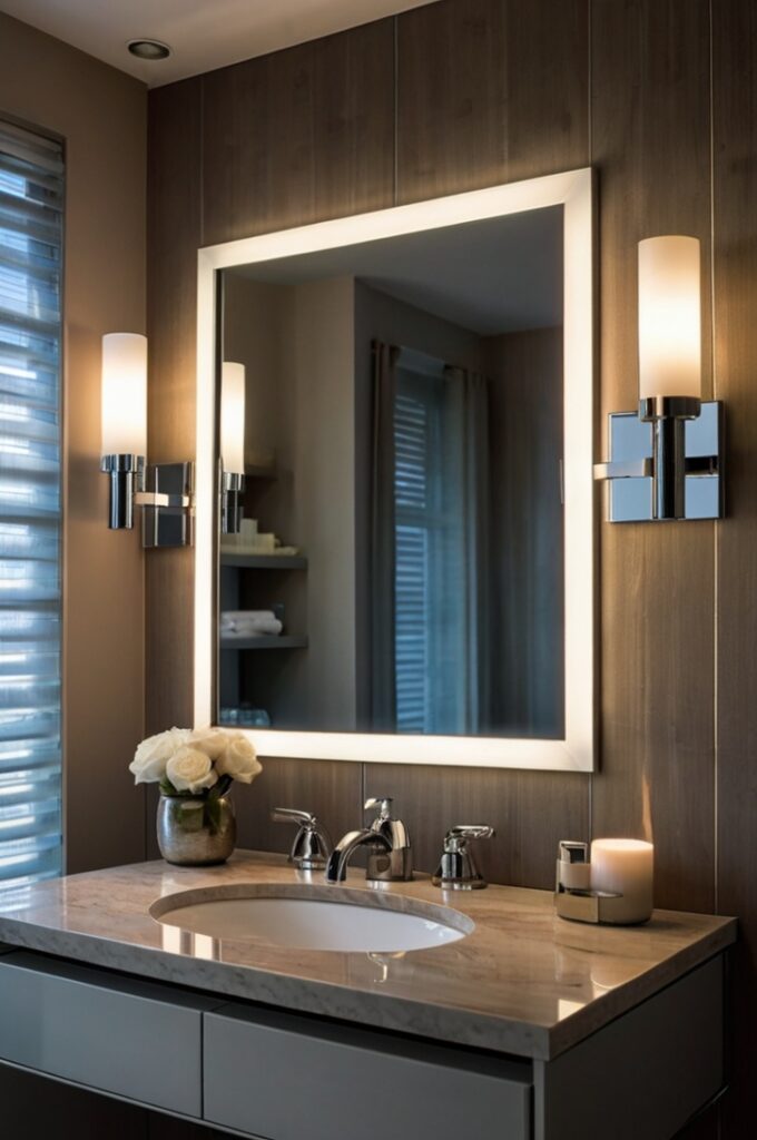 A stylish bathroom vanity setup showcasing task lighting as the functional layer. A well-lit vanity area with sleek, modern vanity lamps mounted on either side of a mirror, casting focused, shadow-free light onto the face. The lighting is bright but soft, ideal for detailed tasks like makeup application and grooming. The scene includes elegant fixtures, a clean countertop, and a neutral or softly lit background that emphasizes the practicality and design of the task lighting.