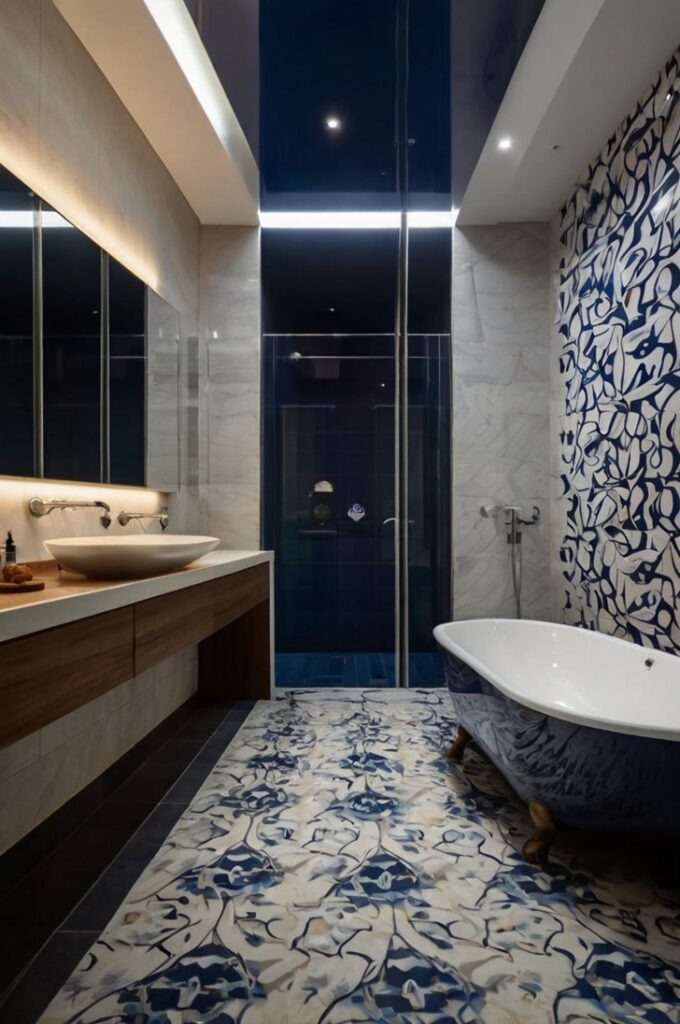 A stylish bathroom with a dramatic navy blue ceiling contrasted by light-colored walls. The bold ceiling draws the eye upward, adding visual depth and an unexpected twist to the design. The light walls keep the space feeling open and airy, while the deep navy overhead adds sophistication and a cozy, cocoon-like effect. Elegant fixtures and soft lighting enhance the modern, thoughtfully designed atmosphere