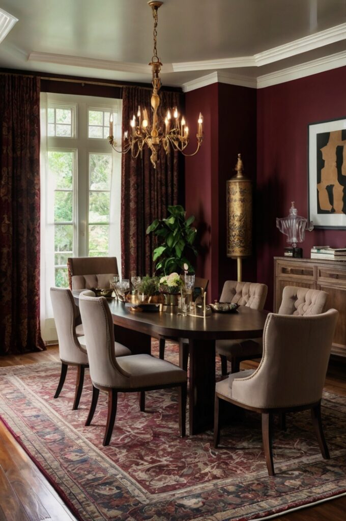 A stylish dining room anchored by a vintage rug with intricate patterns featuring burgundy tones. The rug adds warmth, texture, and a touch of timeless elegance to the space, pulling together the room’s color palette. Surrounding the rug is a dark wood dining table with upholstered chairs, complemented by burgundy accents throughout—such as curtains, wall art, or table decor. The overall design blends classic charm with moody sophistication, enhanced by soft, layered lighting from a chandelier. The space feels cohesive, inviting, and full of character.