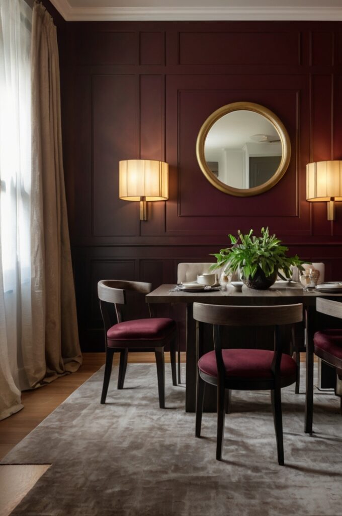 A stylish dining room featuring a bold burgundy accent wall that creates an immediate visual impact. The deep, rich color adds warmth and sophistication to the space, grounding the room with an elegant, moody palette. The remaining walls are in lighter, neutral tones to balance the depth of the burgundy. A modern or classic dining table sits centered in the room, with comfortable chairs, warm ambient lighting, and subtle decor like framed art or a mirror on the accent wall. The atmosphere feels refined, cozy, and thoughtfully designed.