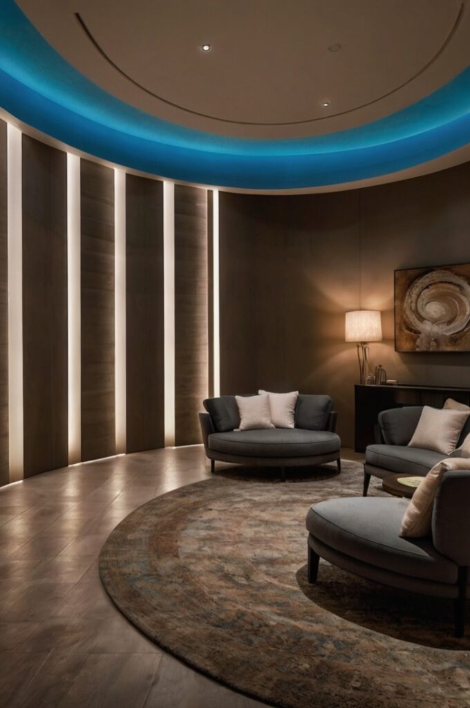 A stylish interior space showcasing accent lighting as the mood-setting layer. Wall washer lights are installed near the ceiling, casting a soft, diffused glow that gently grazes a textured or colored wall. The lighting highlights architectural elements, creating depth, warmth, and visual interest. The room has a refined, sophisticated atmosphere with modern or contemporary decor, featuring subtle shadows and a calming ambiance that emphasizes the elegance and drama of the accent lighting