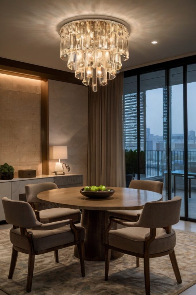A thoughtfully designed interior space showcasing a dynamic, layered lighting scheme. Multiple light sources are positioned at different heights: a floor lamp in the corner, a stylish table lamp on a side table, and wall-mounted sconces providing ambient glow. The combination of lighting at various levels creates depth, warmth, and visual balance throughout the room. The decor is modern and cozy, with soft textures, cozy colors, and an inviting atmosphere that emphasizes the harmony and complexity of the layered lighting.