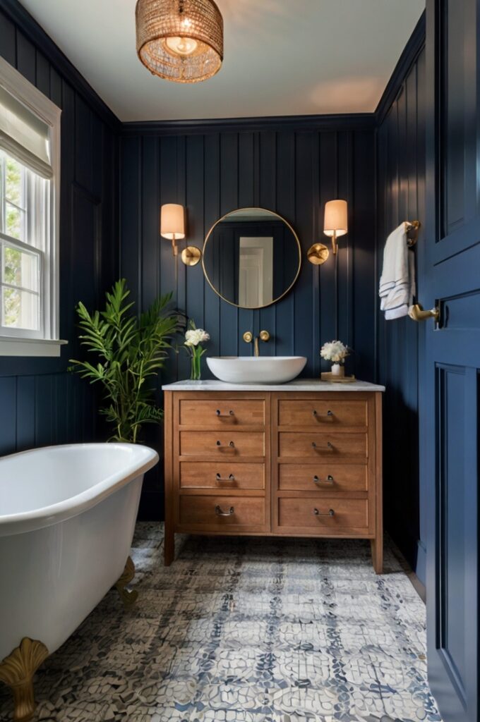 A transitional-style bathroom featuring a navy blue board and batten feature wall. The vertical wood paneling adds texture, depth, and architectural interest, while the rich navy paint brings a sense of sophistication and calm. The board and batten detail blends classic charm with modern elegance, making it a perfect backdrop for a well-balanced, timeless bathroom design. Soft lighting and complementary neutral tones complete the inviting and polished look