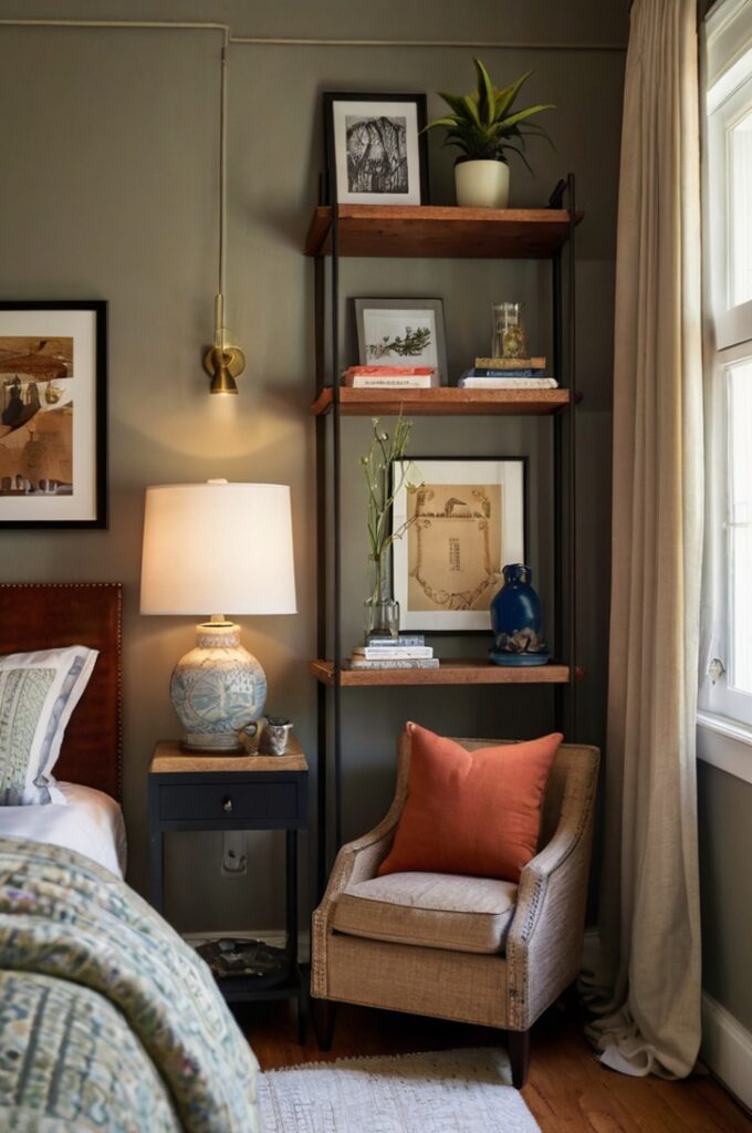 A warm, inviting bedroom that reflects personalized interior design focused on emotional connection and mental well-being. The room features meaningful decor elements such as framed family photos, cherished mementos, and personal artwork displayed with care. Shelves hold travel souvenirs, handmade crafts, or heirlooms, each with a story behind it. The overall design is cozy and unique, with a mix of textures and colors that reflect the personality of its owner—think soft throws, patterned cushions, and warm ambient lighting. The furniture is comfortable and welcoming, arranged to create an intimate, grounding atmosphere. This emotionally expressive space feels safe, comforting, and deeply personal. Style: photorealistic, cozy, eclectic, soulful, with a lived-in charm that promotes mental wellness and a strong sense of belonging.