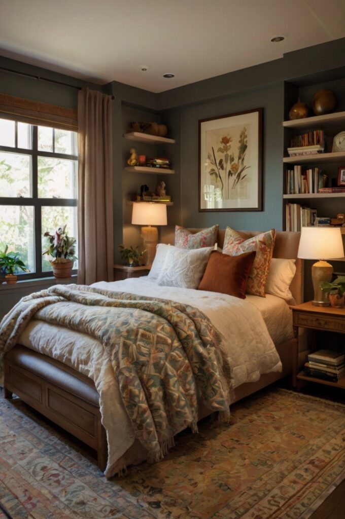A warm, inviting bedroom that reflects personalized interior design focused on emotional connection and mental well-being. The room features meaningful decor elements such as framed family photos, cherished mementos, and personal artwork displayed with care. Shelves hold travel souvenirs, handmade crafts, or heirlooms, each with a story behind it. The overall design is cozy and unique, with a mix of textures and colors that reflect the personality of its owner—think soft throws, patterned cushions, and warm ambient lighting. The furniture is comfortable and welcoming, arranged to create an intimate, grounding atmosphere. This emotionally expressive space feels safe, comforting, and deeply personal. Style: photorealistic, cozy, eclectic, soulful, with a lived-in charm that promotes mental wellness and a strong sense of belonging.