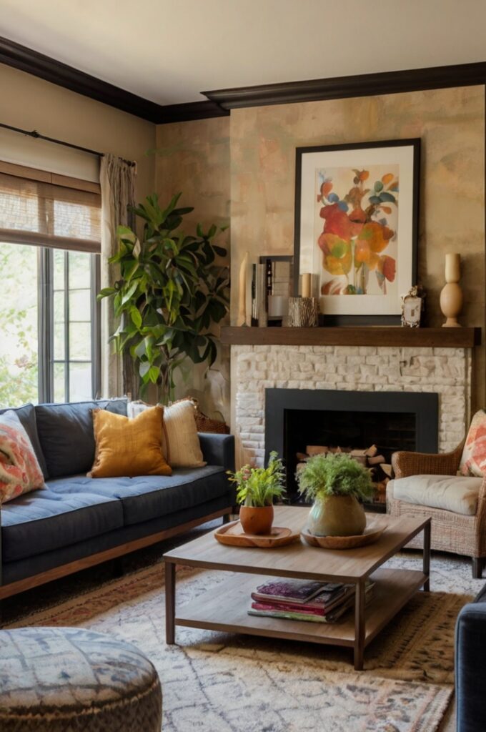 A warm, inviting living room that reflects personalized interior design focused on emotional connection and mental well-being. The room features meaningful decor elements such as framed family photos, cherished mementos, and personal artwork displayed with care. Shelves hold travel souvenirs, handmade crafts, or heirlooms, each with a story behind it. The overall design is cozy and unique, with a mix of textures and colors that reflect the personality of its owner—think soft throws, patterned cushions, and warm ambient lighting. The furniture is comfortable and welcoming, arranged to create an intimate, grounding atmosphere. This emotionally expressive space feels safe, comforting, and deeply personal. Style: photorealistic, cozy, eclectic, soulful, with a lived-in charm that promotes mental wellness and a strong sense of belonging.